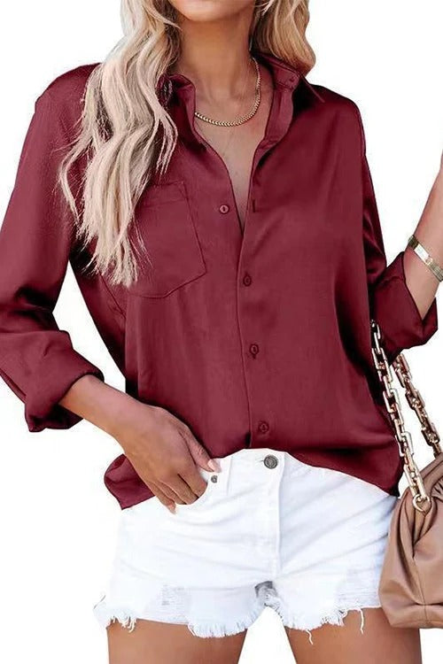Solid Long Sleeves Button Up Satin Shirt