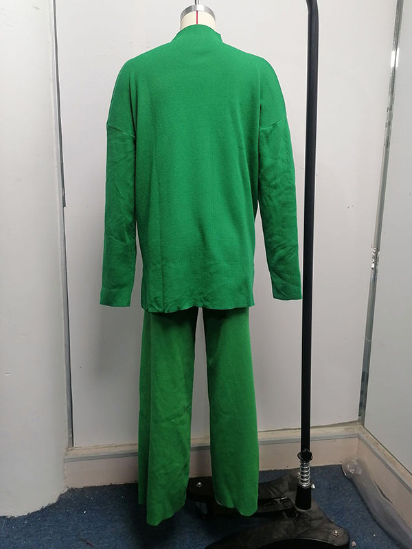 Loose Solid Color High-Neck Sweater Tops&Pants Suits