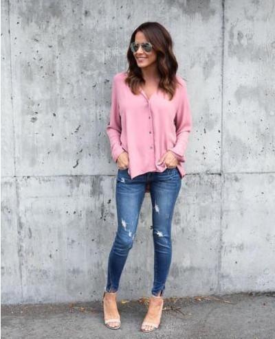 4 Colors V-Neck Long Sleeve Solid Color Women Shirt Cardigan