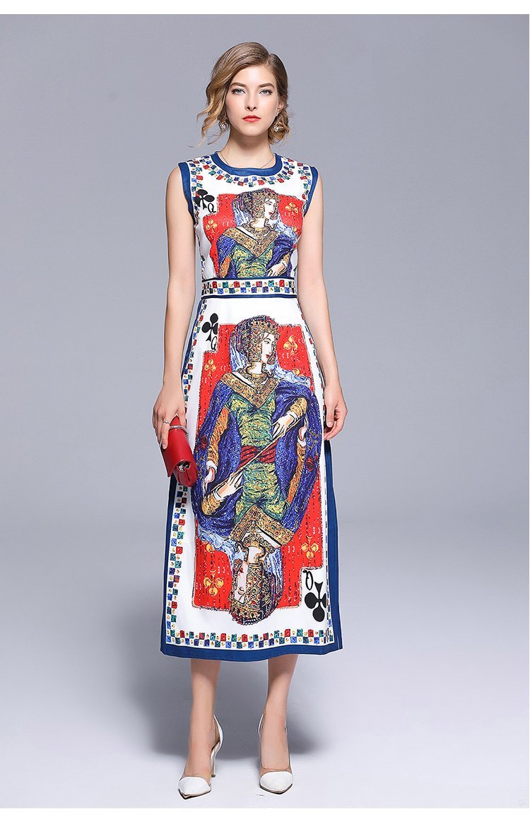 New Stylish Slim Fit Split Hem Poker Printing Vest Dress