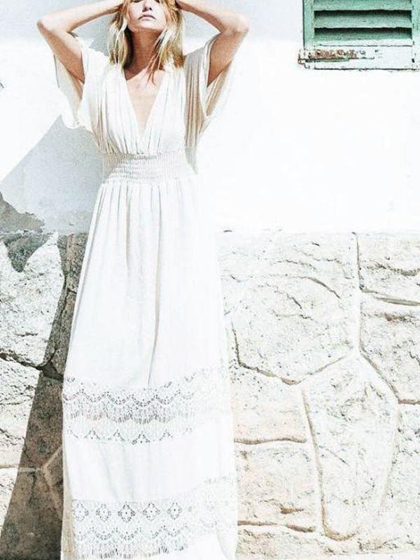 Bohemia V-Neck Stitching Lace Cover-Up Beach Dress
