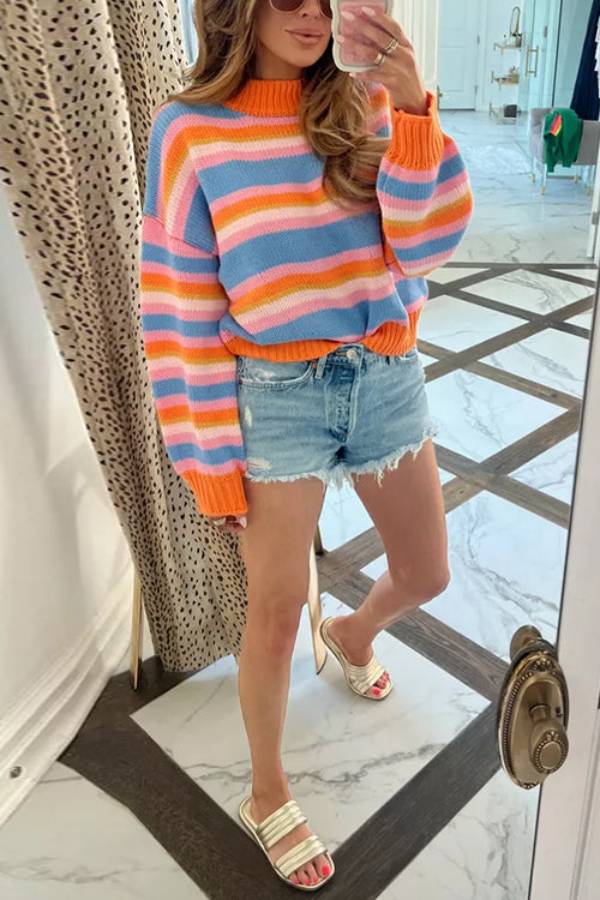 Crewneck Color Block Striped Loose Fit Sweater