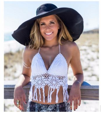 Cotton Hand Hook Sunflower Beach Bikini Handmade Hook Flower Cut Out Back Hanging Neck Tassel Bra