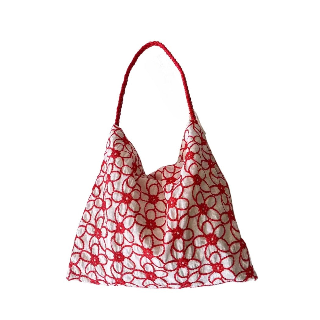 Cosbai - Embroidered Flower Shoulder Tote Bag - Basic & Simple