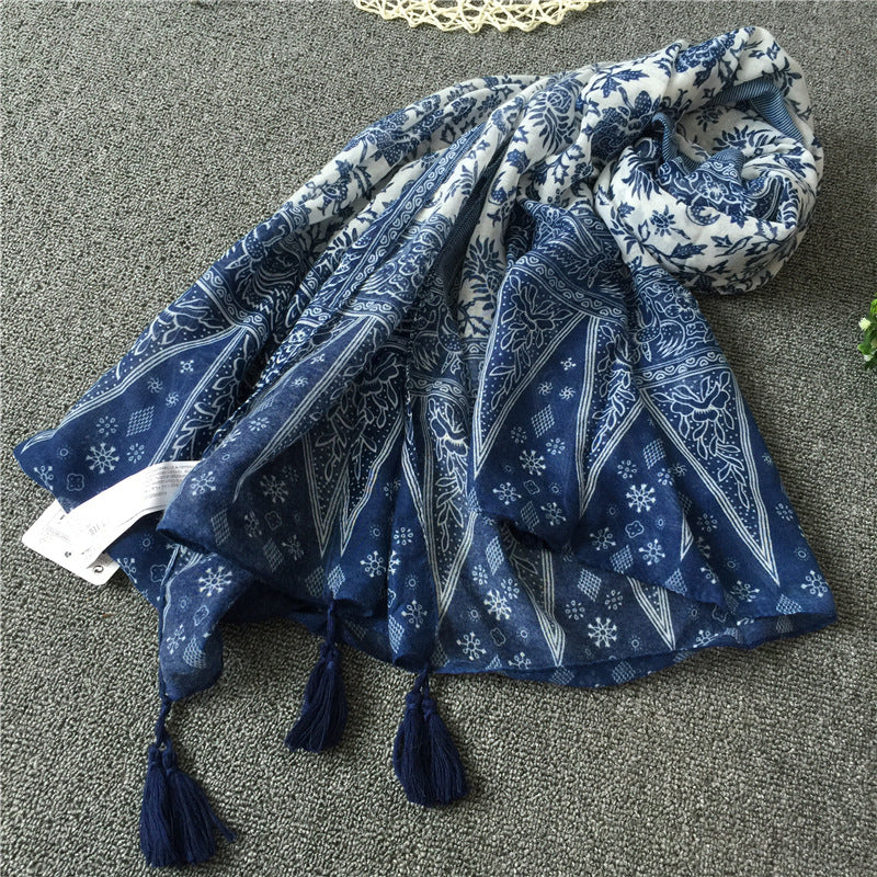 New Vintage Ethnic Silk Scarf Literature And Art Bali Yarn Blue And White Porcelain Fringe Scarf Shawl