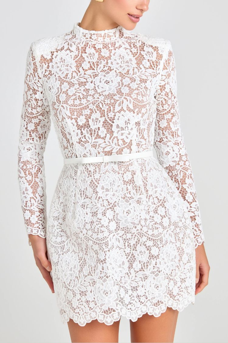 Champagne Toast Flower Lace Long Sleeve Bow Belted Mini Dress