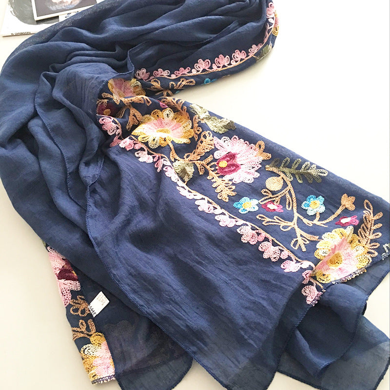 Embroidery Linen Flower Shawl Cotton And Linen Versatile Long Sunscreen Travel Scarf