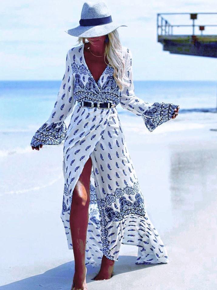 Sexy Chiffon Bohemia Floral Front Split With Tie Long Sleeve Maxi Dress
