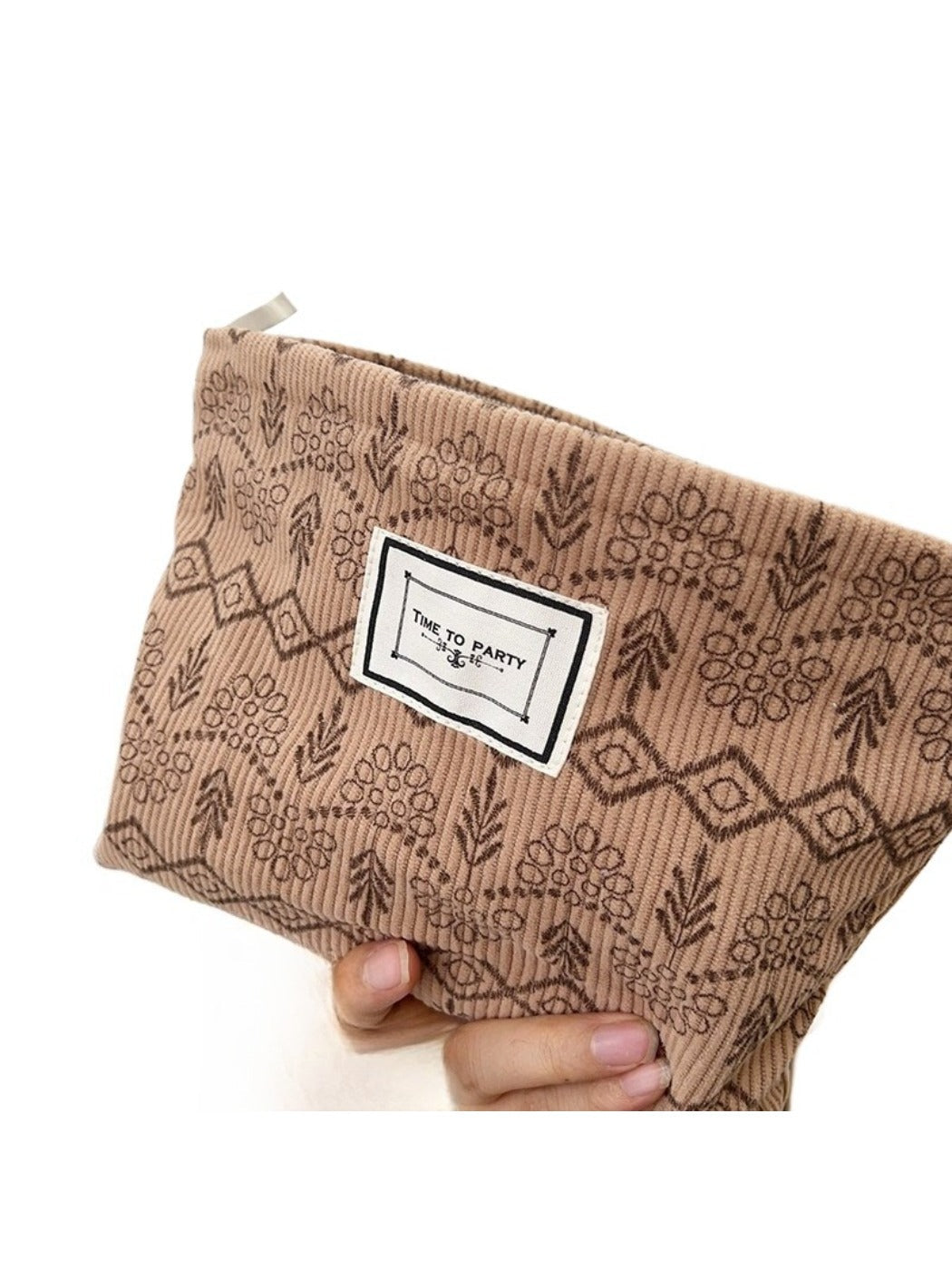 Cosbai - Fabric Geometric & Floral Print Pouch Bag with Zipper