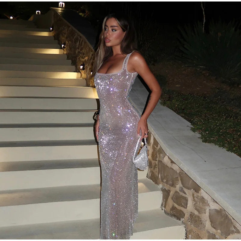 Sequin Square Neck Fitted Gown Dress