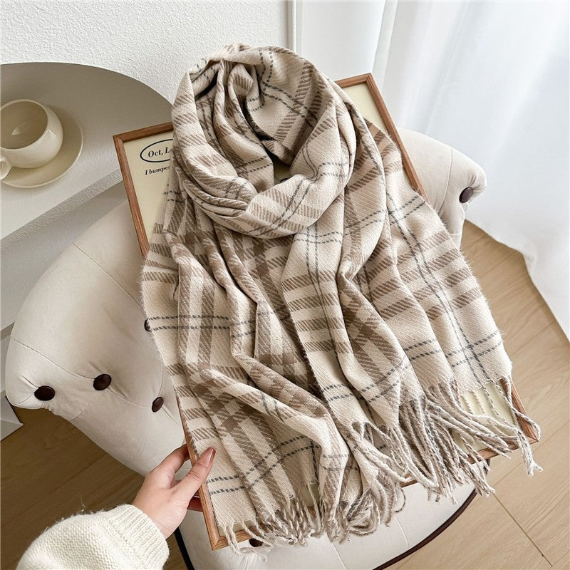 Color Block Plaid Fringe Scarf
