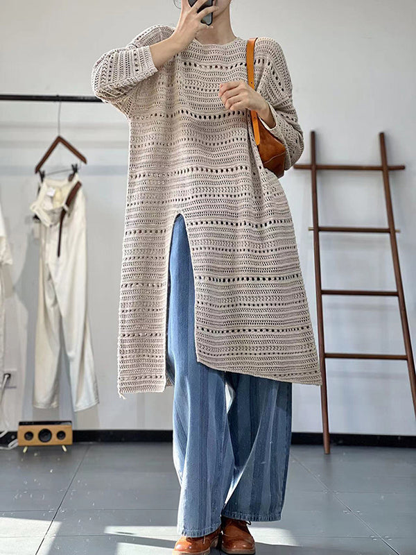 Long Sleeves Loose Hollow Solid Color Split-Front Round-Neck Sweater Dresses