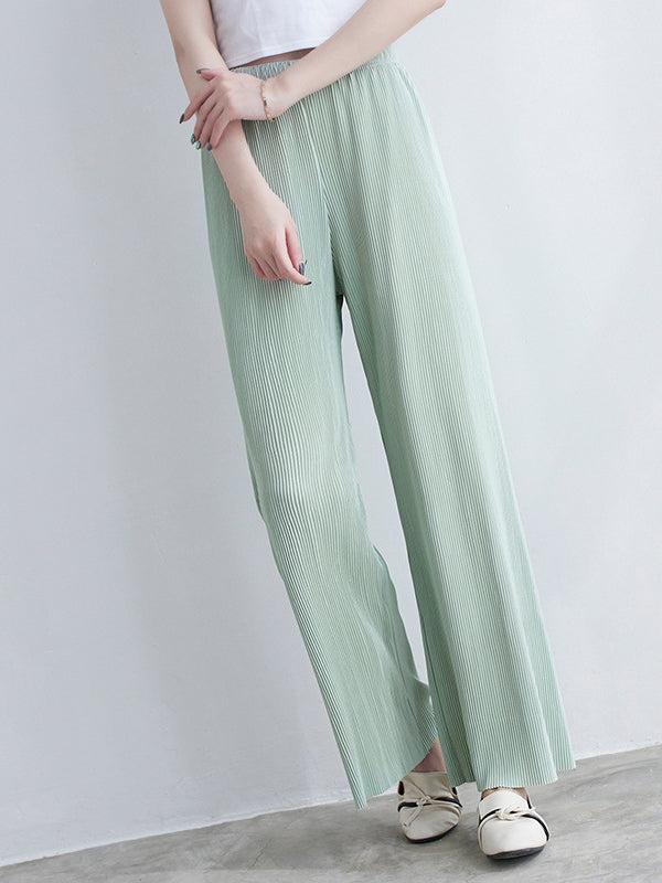 High Waisted Wide Leg Elasticity Pleated Solid Color Split-Joint Pants Trousers