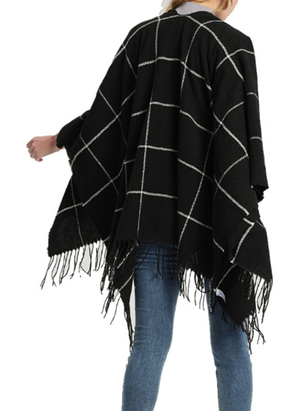 High-Low Long Sleeves Keep Warm Plaid Split-Side Tasseled Shawl&Scarf