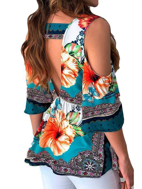 Summer Hot Women Clothes Casual Leisure Floral Shirt V Neck Tops Half Sleeve Blouse Beach