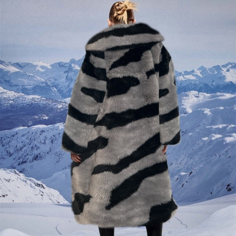Faux Fur Tiger Print Long Coat Loose Light Luxury