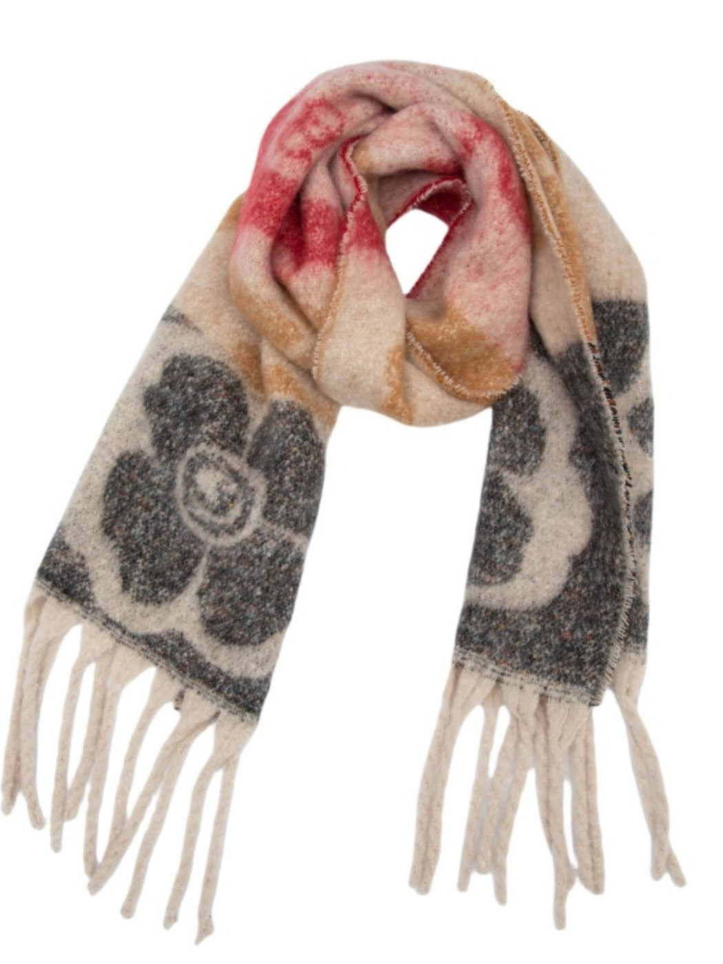 Scarvii - Retro Color-Block Fringe Scarf with Floral & Leaf Patterns