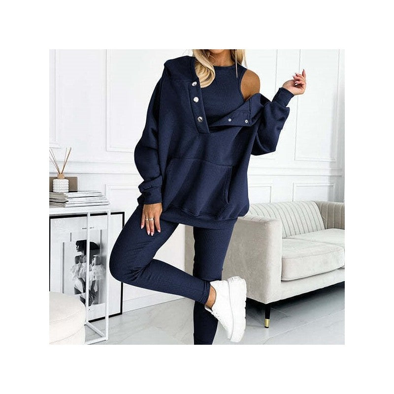 3-Piece Set- Leisure Hoodie, Thick Ribbed Vest, And Pants