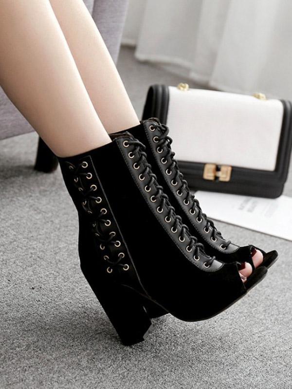 Solid Color Peep-Toe Chunky Block Heels Shoes