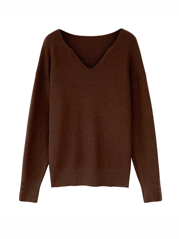 Long Sleeves Buttoned Solid Color V-Neck Knitwear Pullovers Sweater Tops