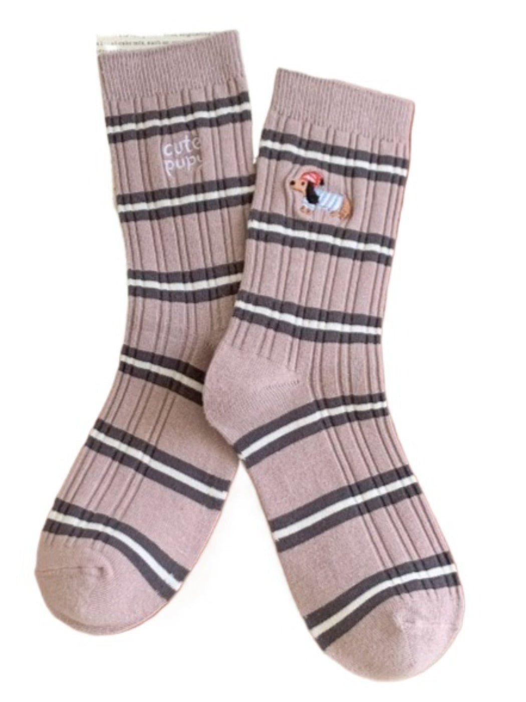 Rufia - Stripes Mid-calf Socks with Dog Patterns