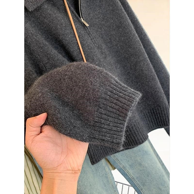 Solid Color Loose Collar Zipper Sweater Dacron Acrylic