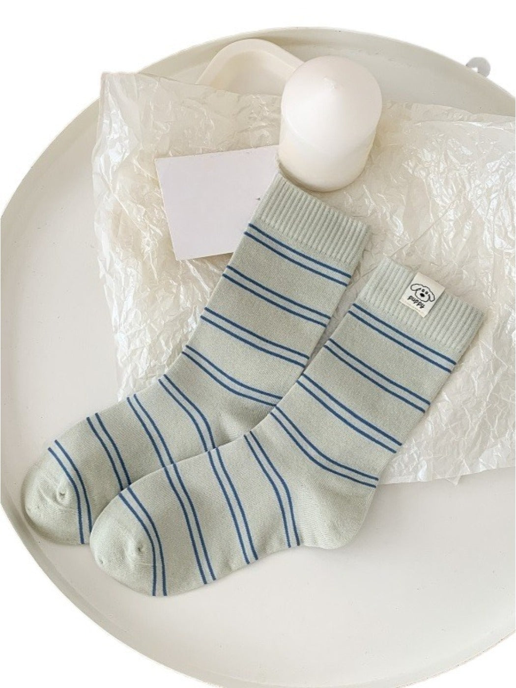 Rufia - Striped Puppy Mid-calf Socks - Cute & Stylish