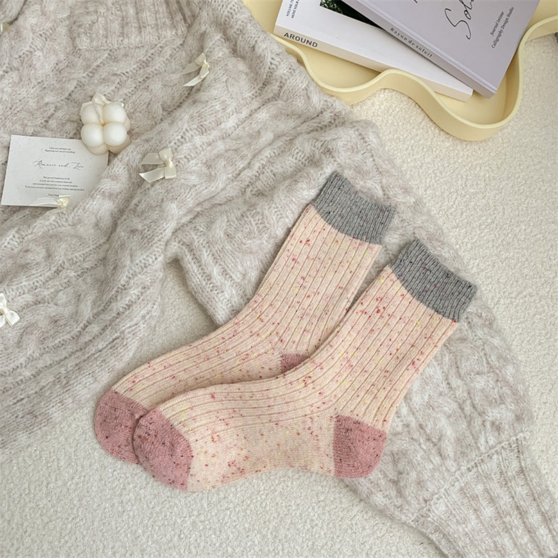 Rufia - Color Block Polka Dot Thermal Mid-Calf Socks