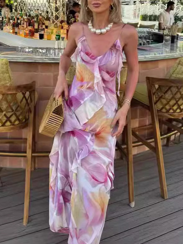 Flower Printed Ruffled Sleeveless Spaghetti-Neck Wrap Maxi Dresses