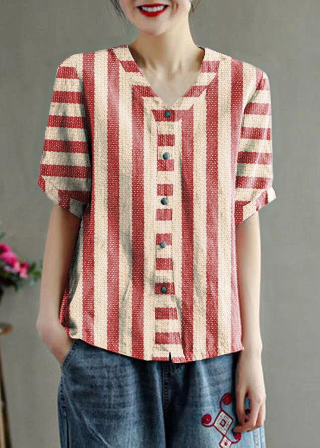 Loose Pink V Neck Embroideried Floral Summer cotton blend Shirt