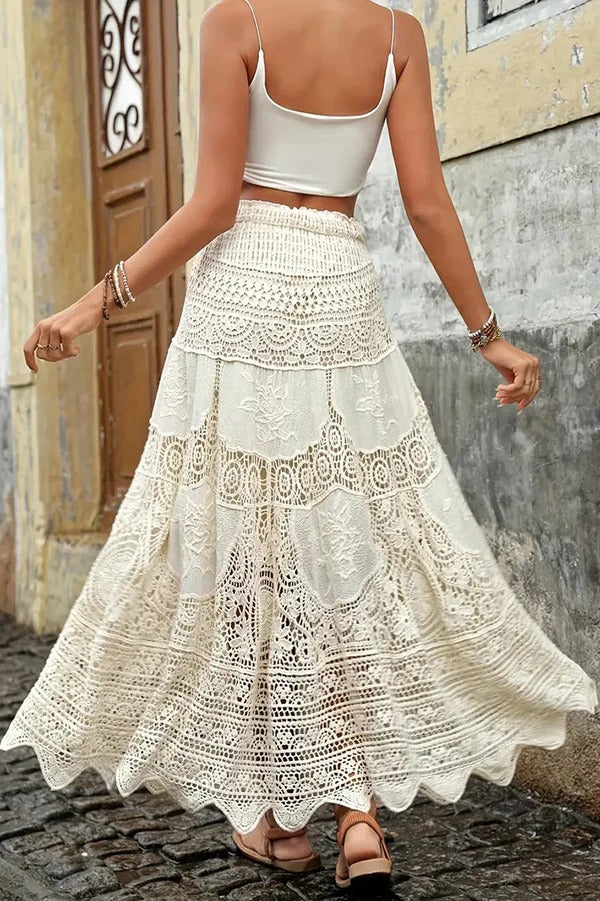 Fashion Hollow Elastic Waist Knitted Beach Maxi Skirt