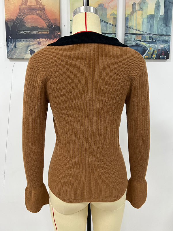 Casual Flared Sleeves Long Sleeves Contrast Color Lapel Collar Sweater Tops