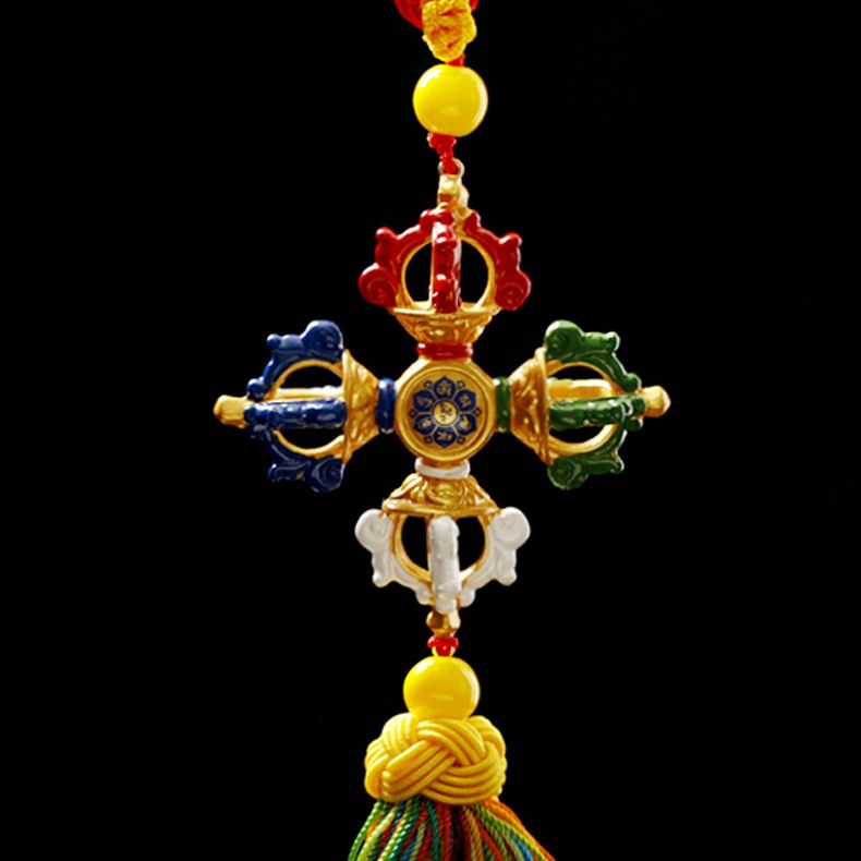 Tibetan Ping'An Hung With Tantric Ten Phases Free Spinning Drum, Vajra Pestle Car Pendant Room Decor Pendant