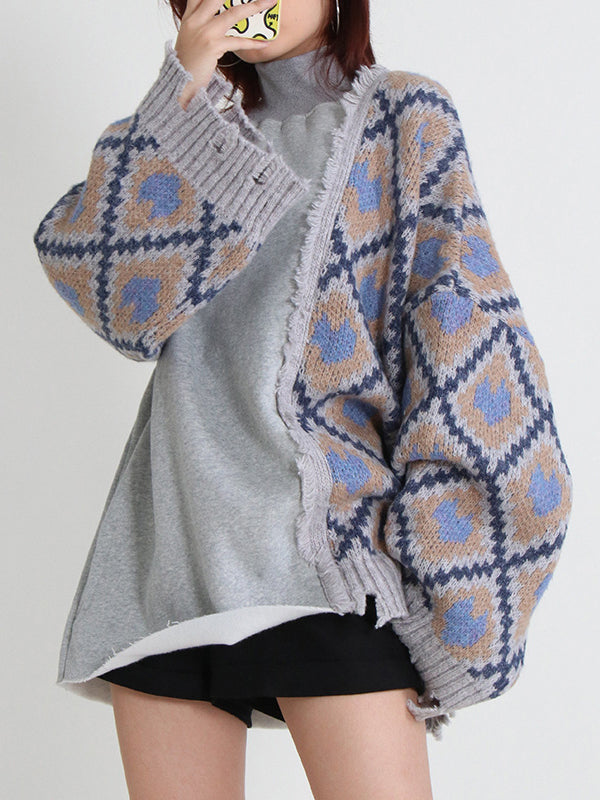 Batwing Sleeves Color-Block Plaid Split-Joint High-Neck Sweater