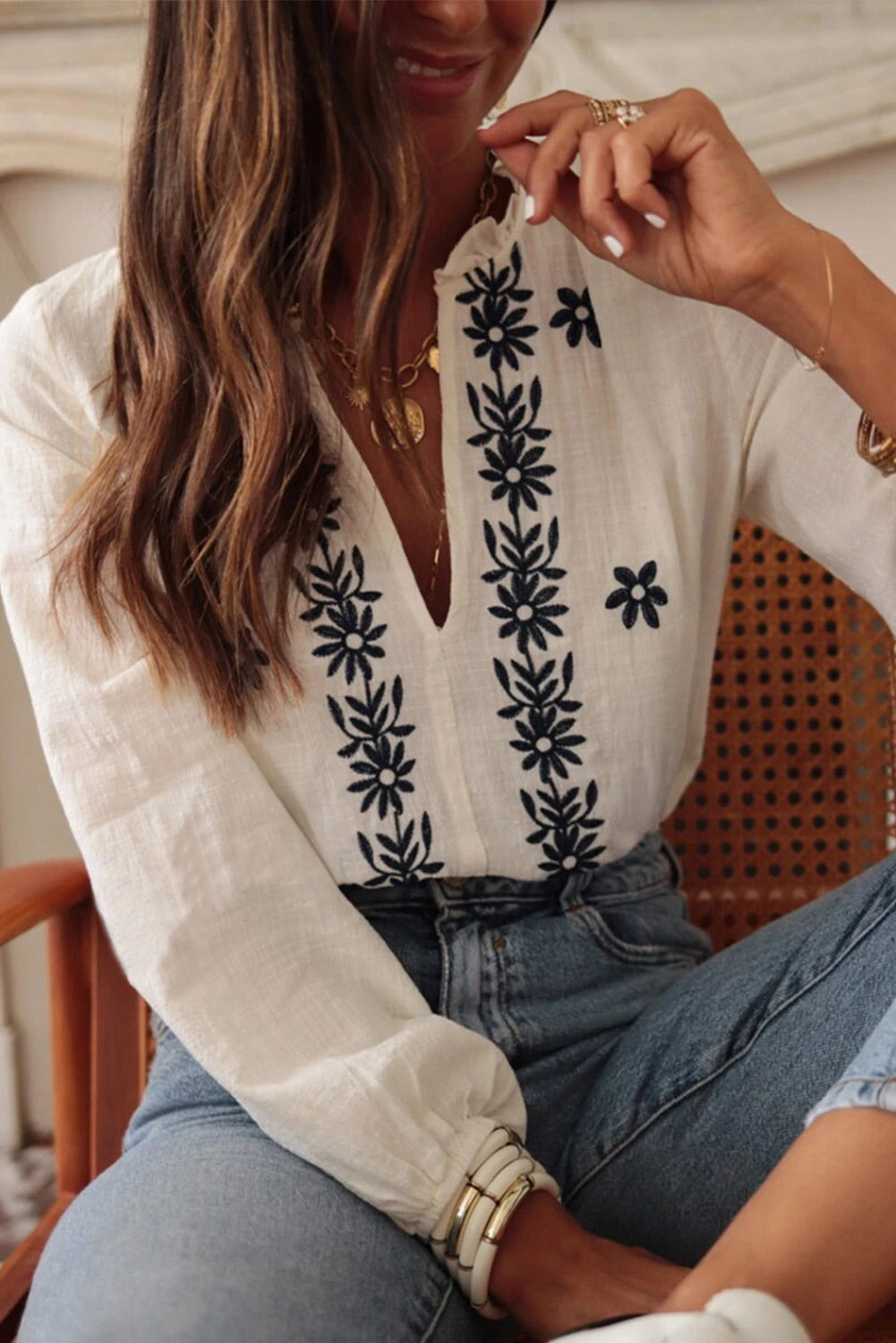 White Floral Embroidered Frill V Neck Puff Sleeve Blouse