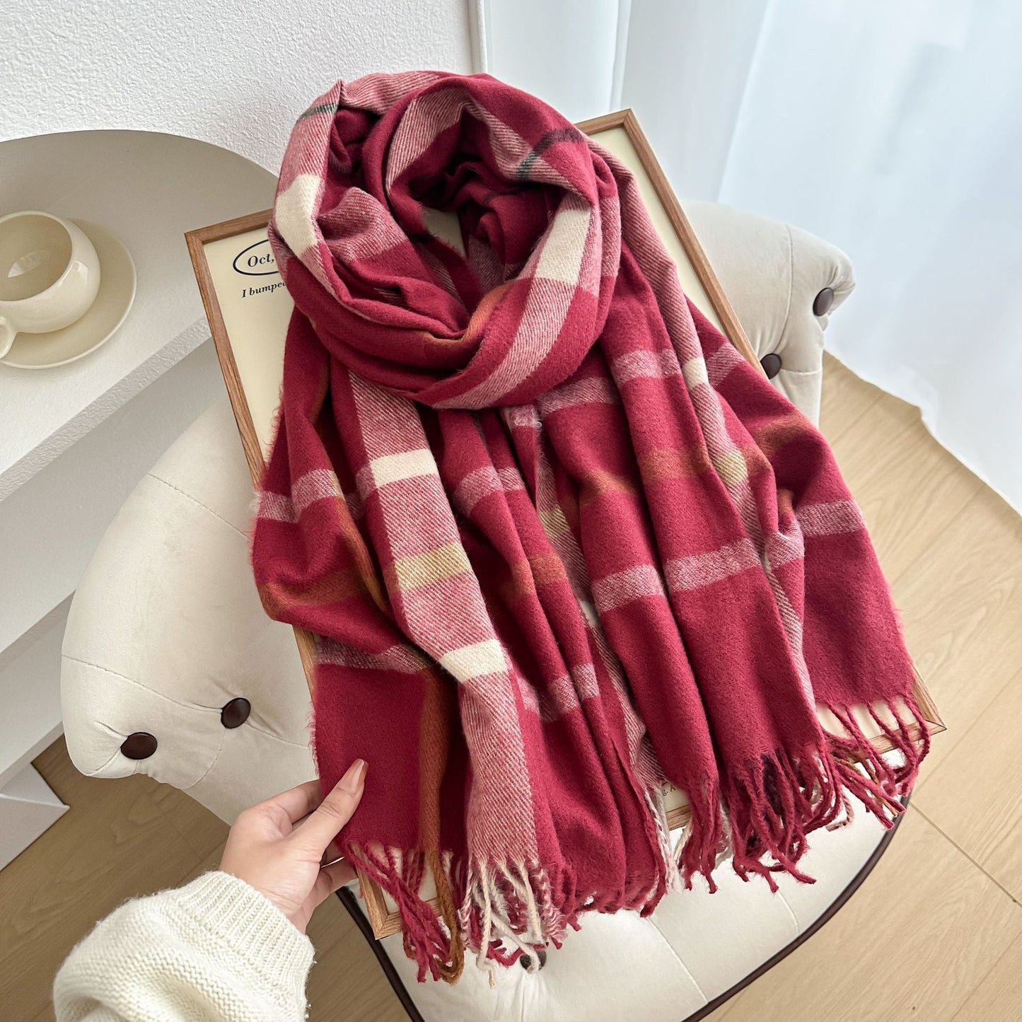 Scarvii - Reversible Color-Block Plaid Scarf with Fringe