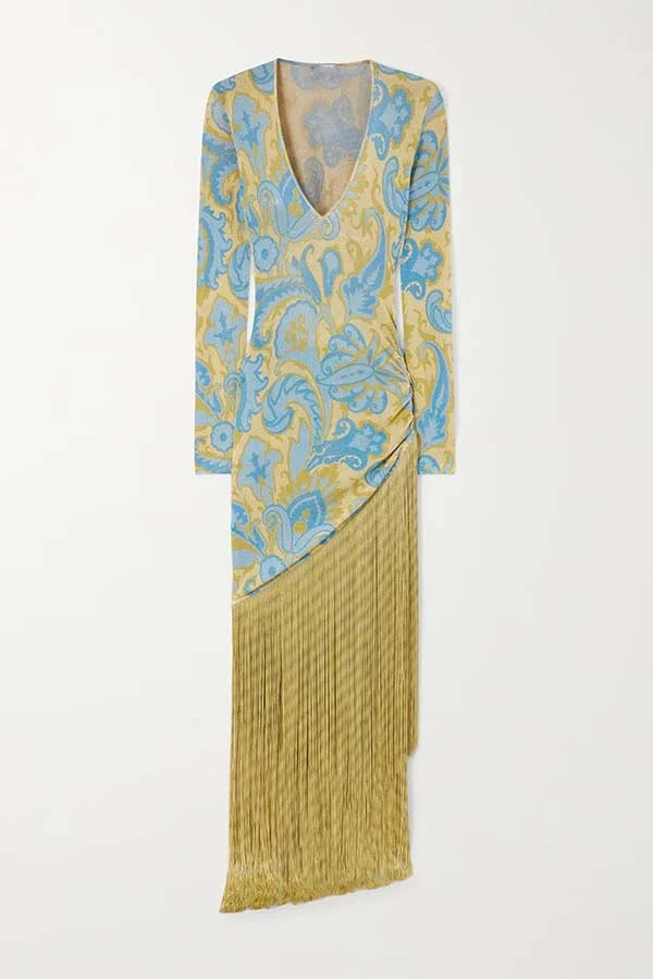 Golden Age Knit Paisley Print Long Sleeve Tassle Hem Maxi Dress