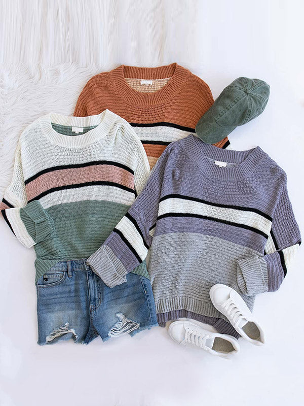 Casual Loose Contrast Color Striped Round-Neck Sweater Tops