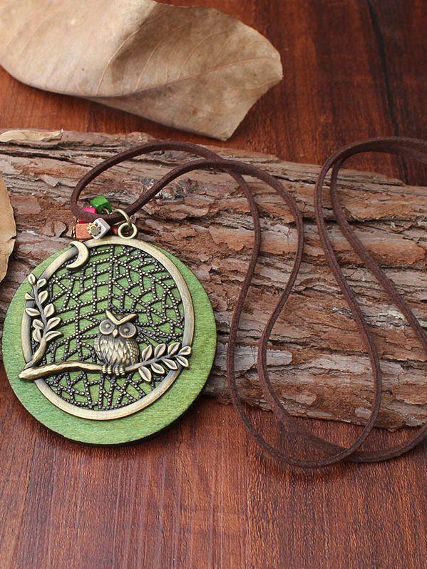 Owl Alloy Pendant With Jewelry Wooden Necklace Long Sweater Chain