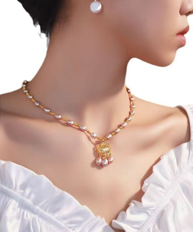 Fashion Light Purple Sterling Silver Overgild Pearl Safe Lock Pendant Necklace