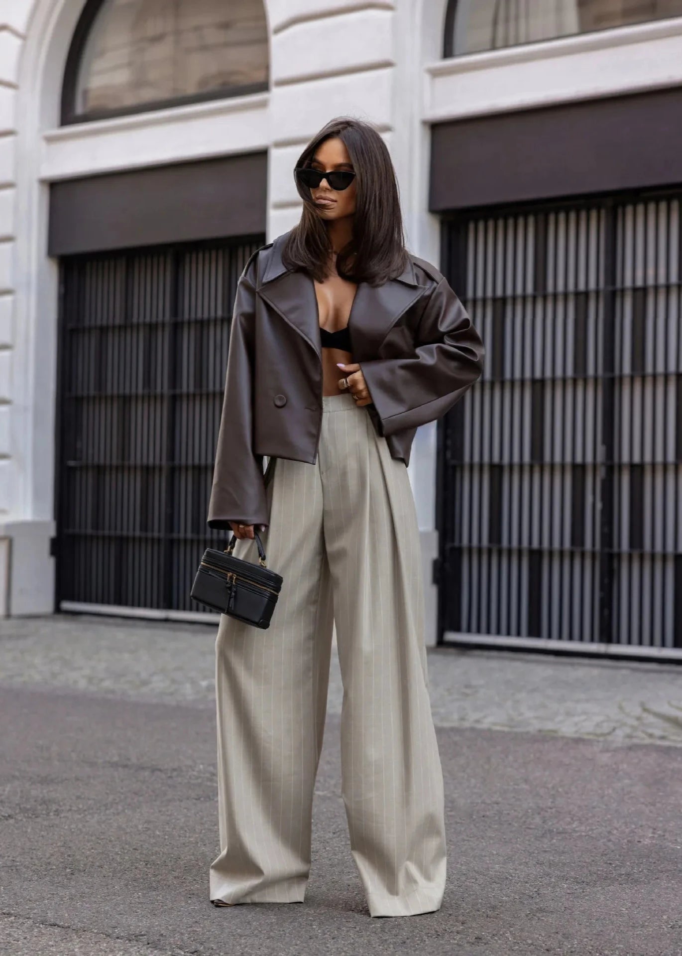 Cropped Leather Jacket With Oversized Lapels