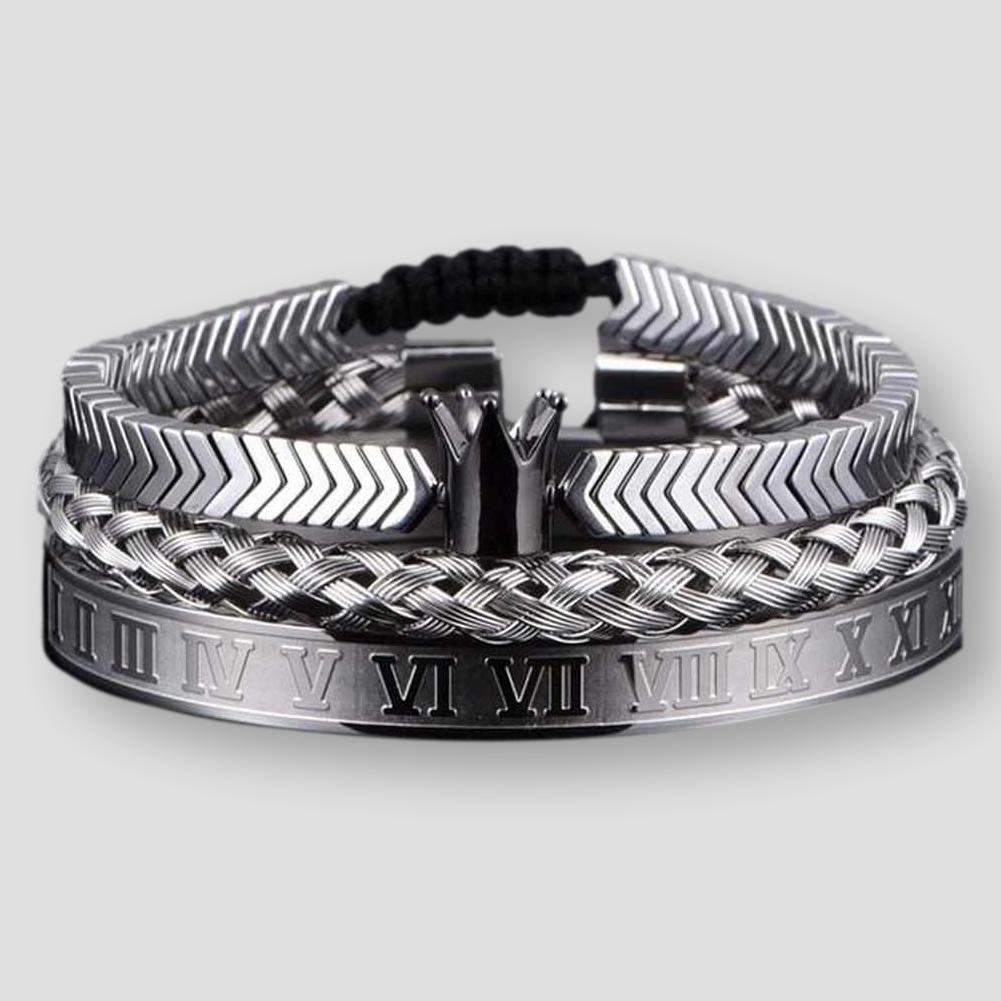 Sky Madrid Stainless Steel Roman Crown Bracelet Set (3 Pcs)