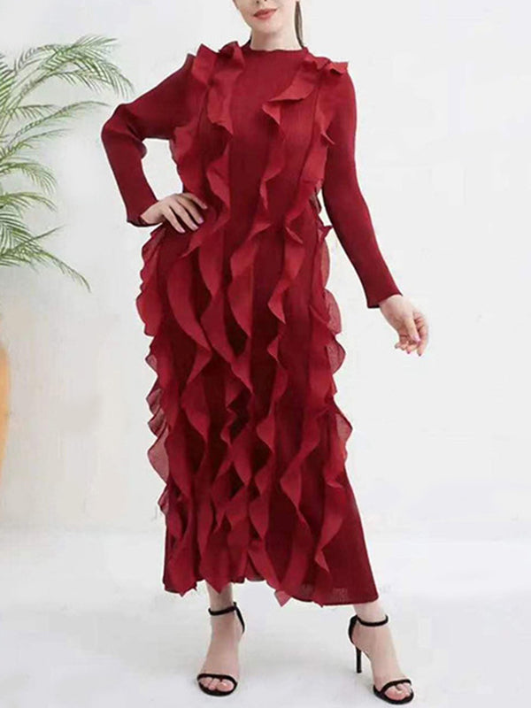 Solid Color Bodycon Pleated Ruffled Long Sleeves Maxi Dresses