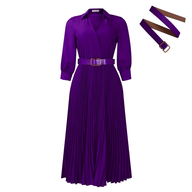 Solid Color Long Sleeve Pleated V-Neck Maxi Dress