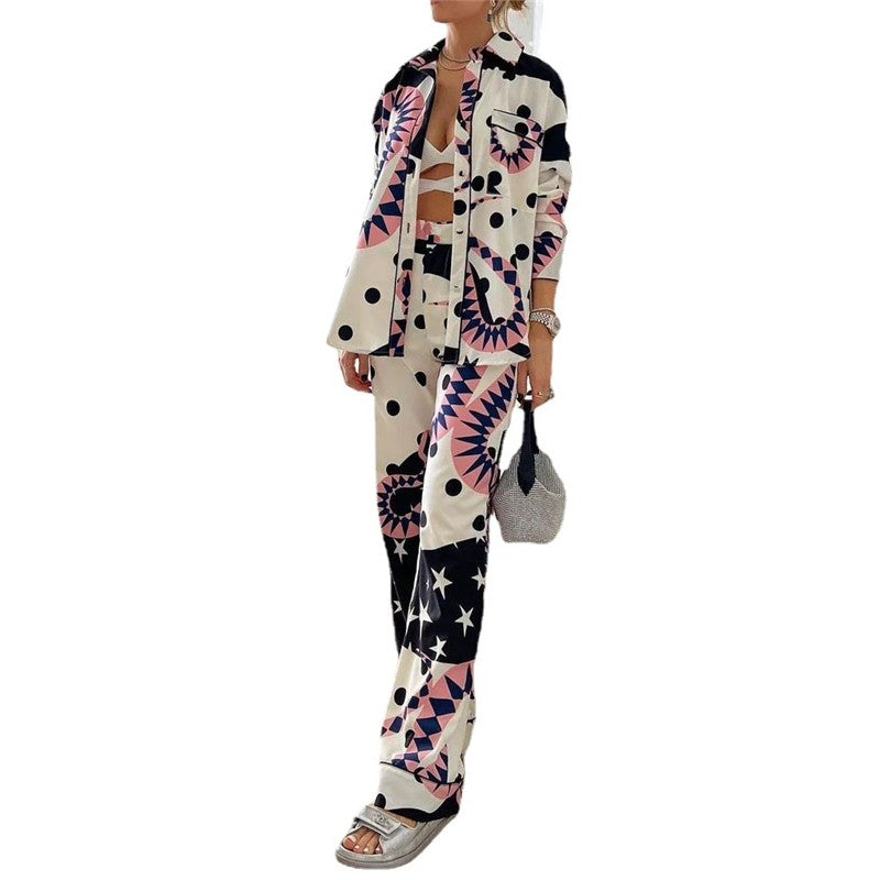 Printing Long Sleeve Lapel Single Breasted Blouse And High Waisted Wide Leg Pants Two Pieces Suit
