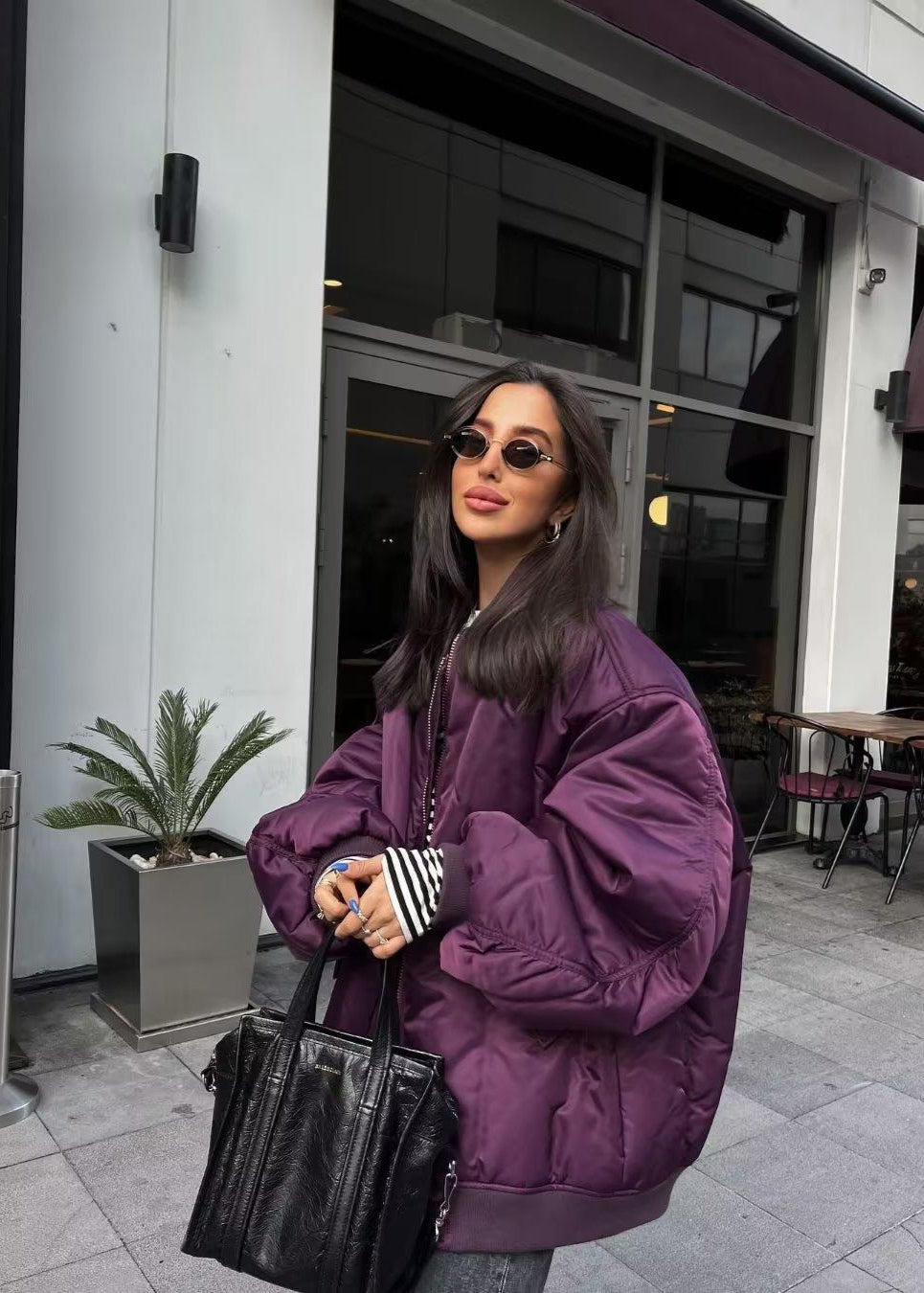 Oversized Satin Bomber Jacket With Quilted Lining