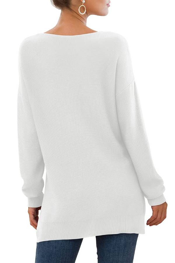 White V-neck Loose-fitting Sweater