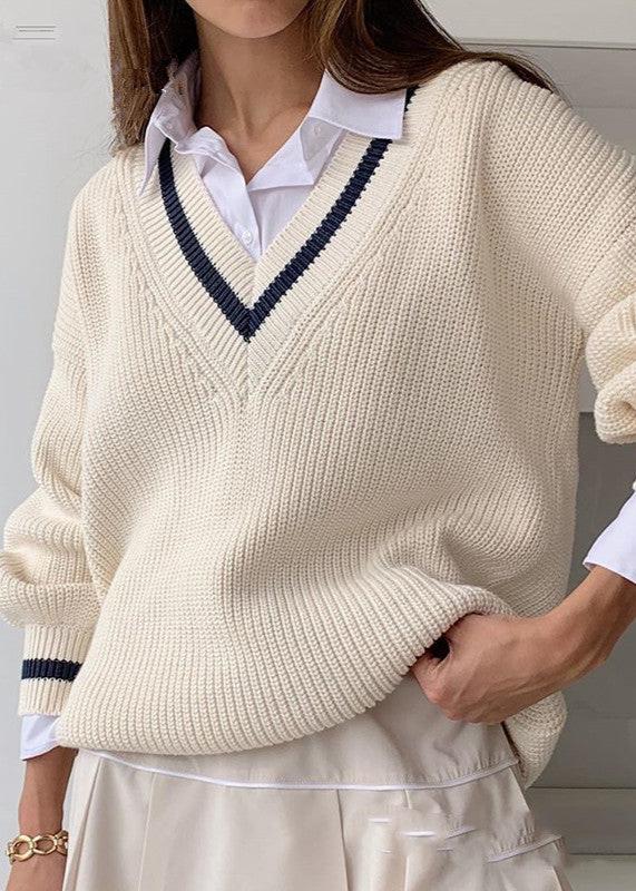 Slim Loose Knit Sweater With Contrast Stitching