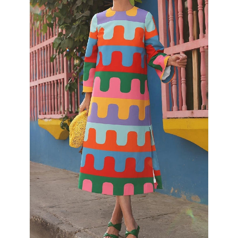 Long Sleeves Loose Printed Split-Side Round-Neck Maxi Dresses Midi Dresses