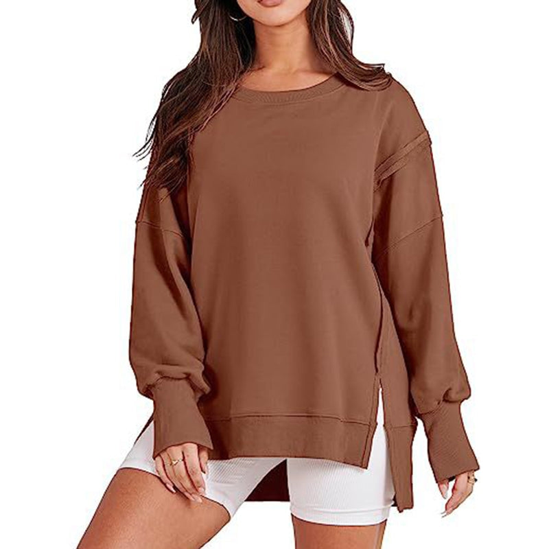 High-Low Long Sleeves Fringed Solid Color Split-Joint Split-Side Round-Neck Sweatershirt